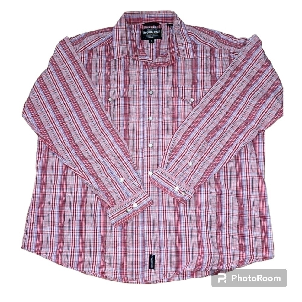 ROUGH STOCK Pandle Slim Men's Pearl Snap Western Shirt Size XL Red White Plaid